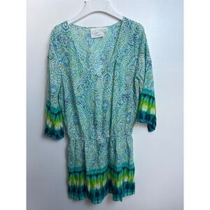 Green Dragon Paisley Tie Dye V Neck Mini Dress Beach Cover Up Women's M Resort